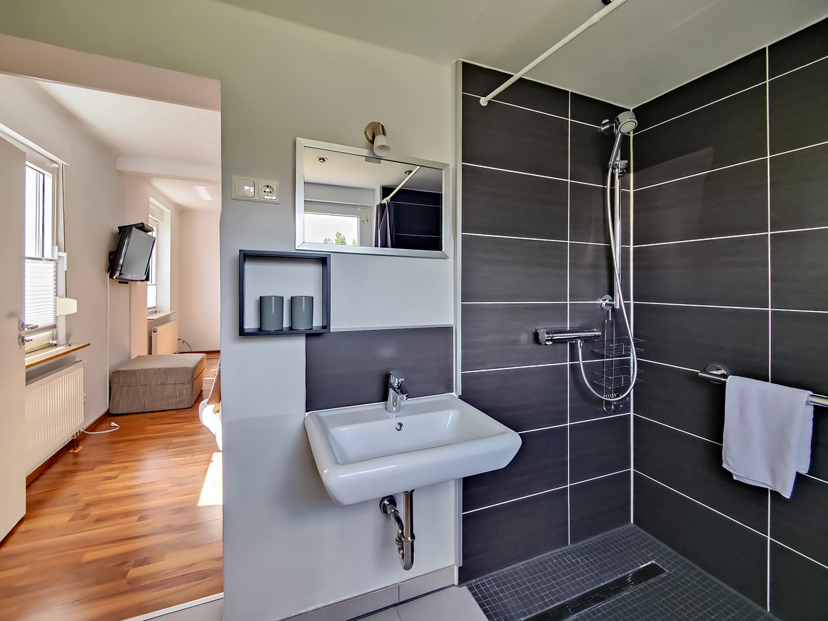 Dusche + Waschbecken mit Blick ins Wohn/Esszimmer